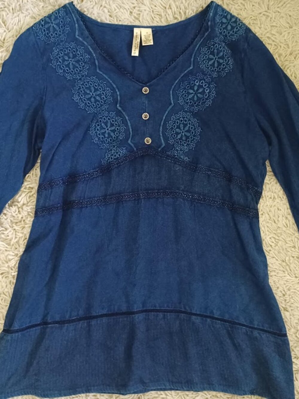 Studio West M Navy Blue Embroidered Boho Rayon Tunic Bell Sleeve India
